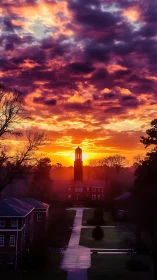 Vertical campus skyline under saturated stratocumulus sunrise light