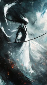 Stormbound spirit warrior strides through fractured twilight.