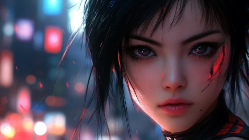 Cyberpunk heroine stares through neon glare and drifting sparks.
