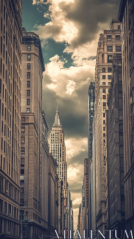 Moody vertical city canyon framing distant art deco tower.