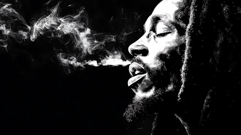 Monochrome profile portrait with smoke trail on black field.