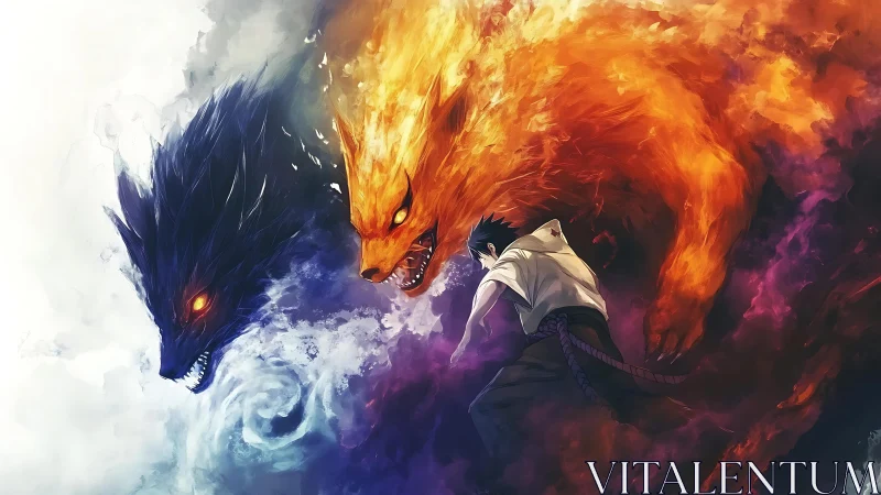Elemental fox duel in dynamic anime chakra vortex composition.