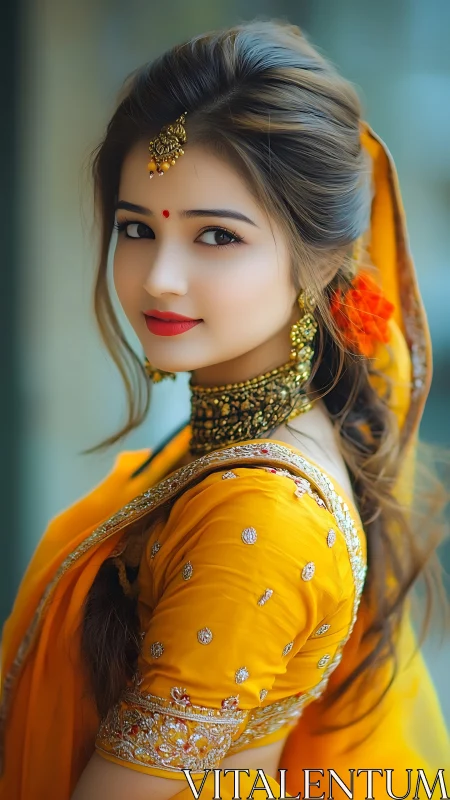 Portrait in vibrant sari with ornate jewelry and shallow depth of field