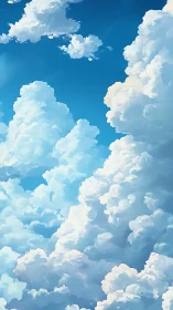 Sunlit cumulus clouds rise into a calm, endless blue sky
