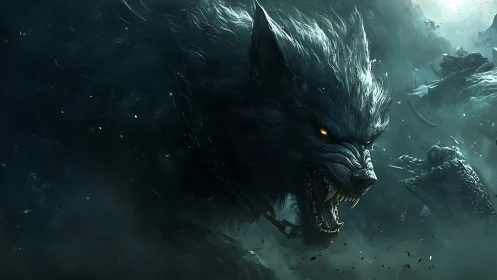 Gigantic chained direwolf lunges through stormy battle haze.