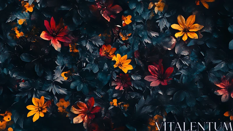Nocturnal floral composition with saturated crimson accents.