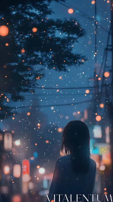 Digital night cityscape with silhouetted figure and bokeh glow.