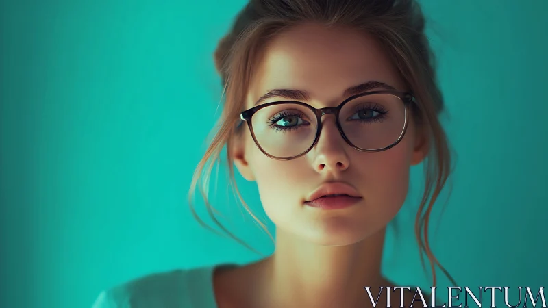 Digital portrait of a young woman with glasses in teal light