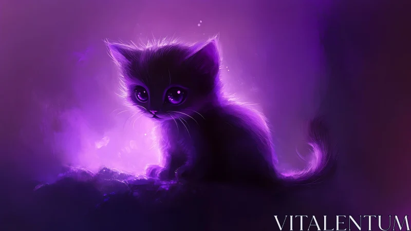 Glowing purple kitten silhouette bathes in ethereal neon light.