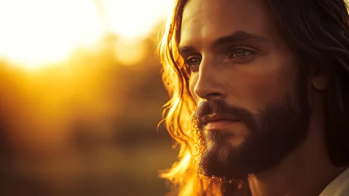 Bearded long-haired man looks right in warm sunset light