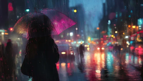 Silhouetted figure waits under neon umbrella in rainy city night