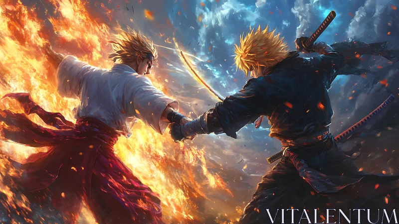 Dual samurai clash in symmetric fire and storm elemental lighting