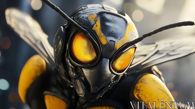 Detailed close-up of futuristic robotic yellow wasp head.