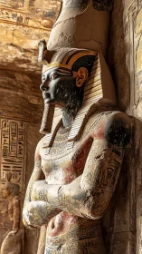 Polychrome sandstone pharaonic statue with nemes headdress