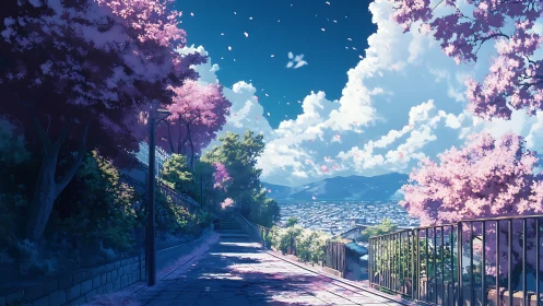 Sunlit hillside path overlooking city under cherry blossoms.
