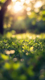 Sunlit ground foliage in dreamy shallow-focus glow.