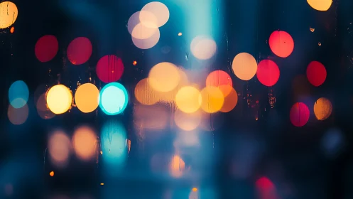 Out of focus city lights seen through wet glass surface