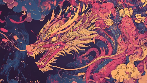 Intricate stylized dragon illustration with floral cloud forms.