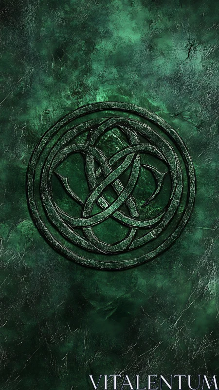 Textured green Celtic knot emblem on rough stone surface.