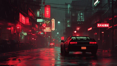 Neon-lit rainy street isolates retro sports car in reflective red haze