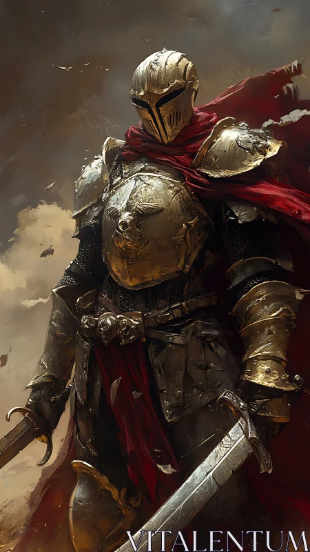 Armored knight stands in storm with raised twin blades