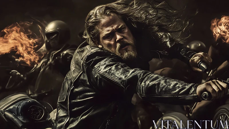 Fierce biker hero racing through firelit night streets.