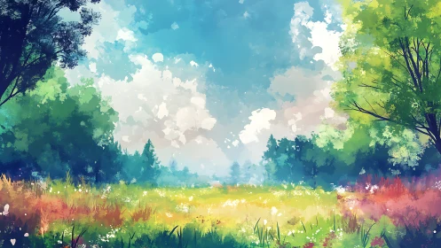 Colorful digital meadow landscape under bright sky.