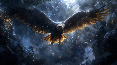 Luminescent raptor in glacial canyon under embered updrafts.