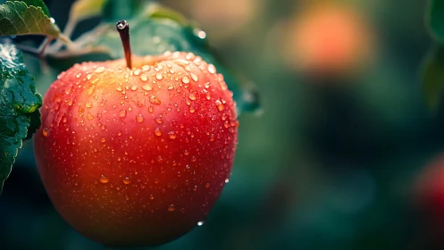 Ripe red apple with dewdrops in shallow orchard bokeh field.