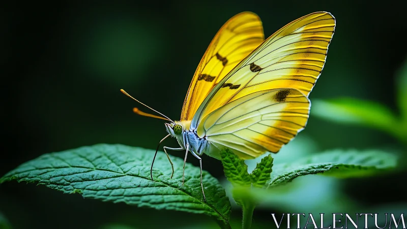 Yellow veined butterfly macro on leaf with rich bokeh background.