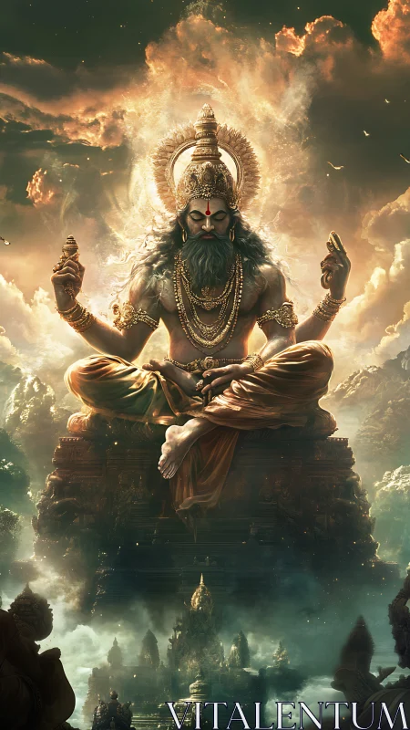 Divine sage in levitating lotus pose amid volumetric cloud light