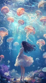 Dreamlike underwater girl among glowing jellyfish bloom.