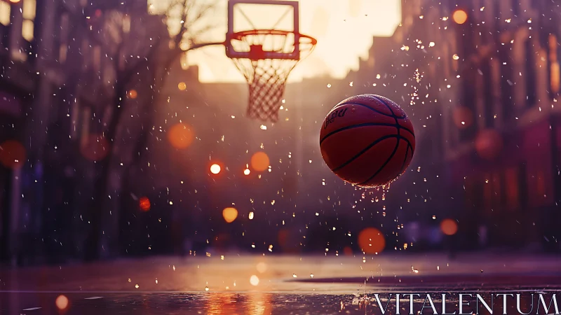 Golden hour street court celebrates a rain soaked basketball