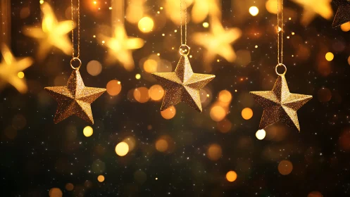 Glittering hanging star ornaments in warm festive bokeh.