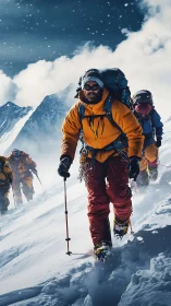 Mountaineers ascend steep snowy ridge under storm sky