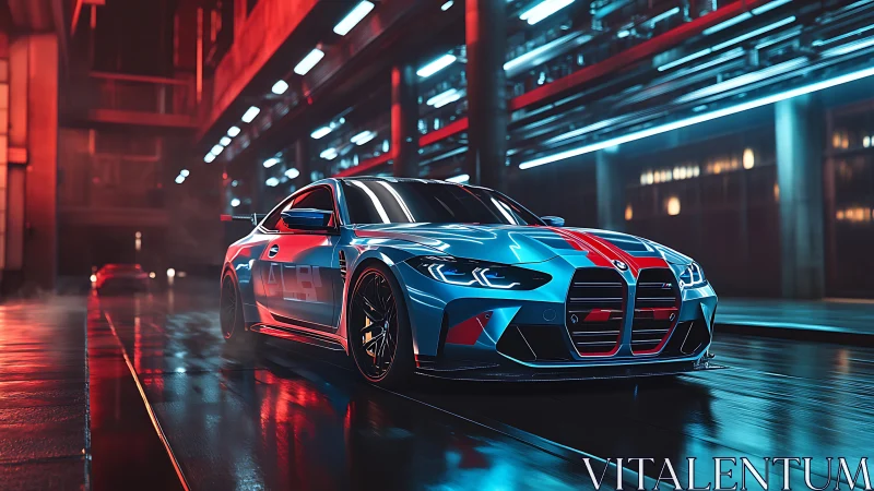 Electric blue sports coupe under neon tunnel lighting.