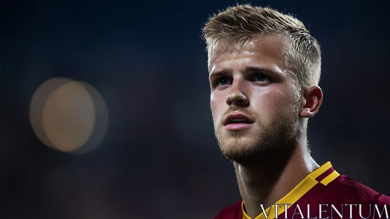 Male football player in red jersey under stadium lights.