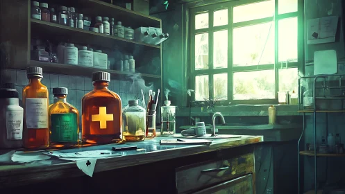 Sunlit Apothecary Chaos in a Dusty Backroom Laboratory.