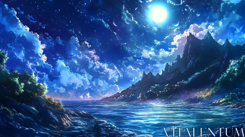 Moonlit coastal mountains under detailed starry sky.