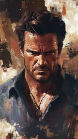 Brooding male portrait with rugged, intense expression.