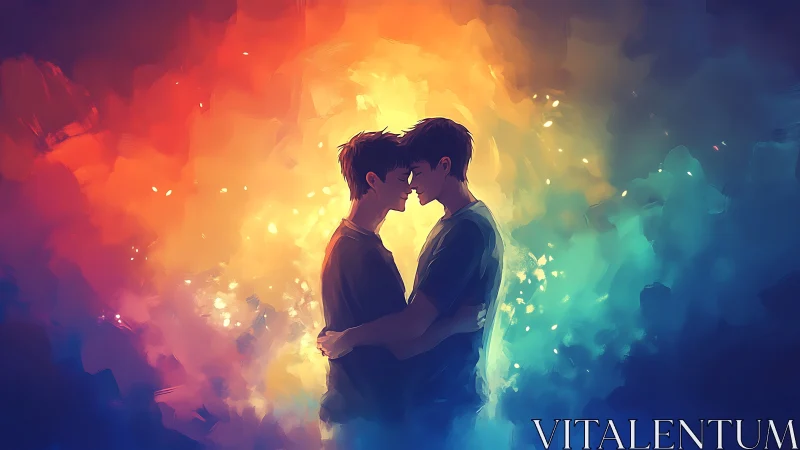 Two figures share intimate moment amid radiant energy.