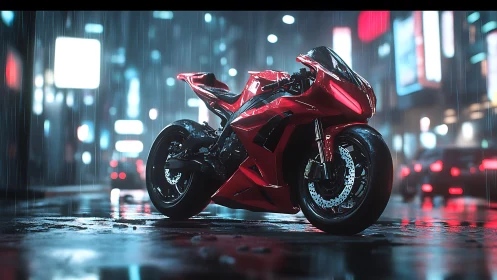 Red superbike in neon rain on reflective city street.