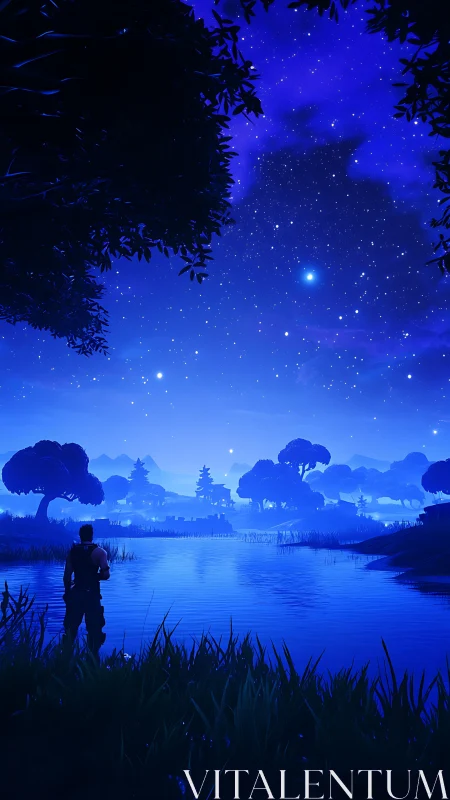 Silhouetted figure surveys stylized blue nocturnal lakeside