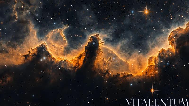 Glowing cosmic clouds tracing a golden horizon of starlight.