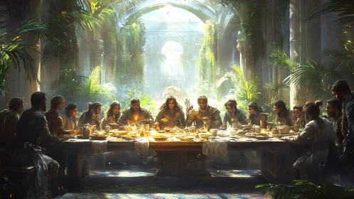 Last supper in lush ruined hall with radiant fantasy light.