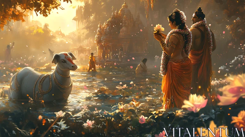 Ritual procession in lotus pond with sacred cow and temple bokeh