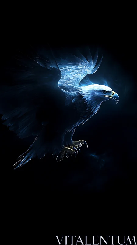 Digital painting of luminous soaring eagle on void backdrop.