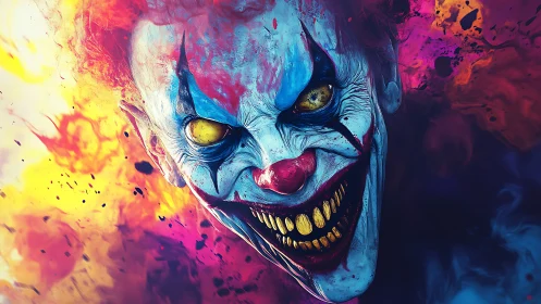 Sinister clown face grins amid explosive neon flames