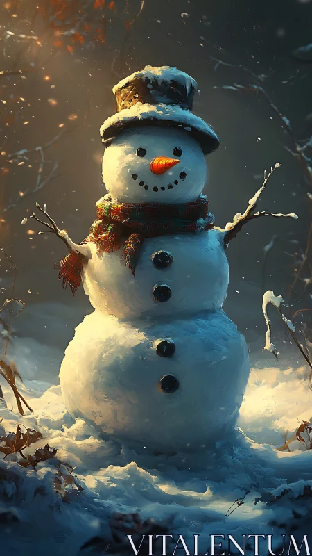 Snowman in cinematic winter lighting stands amid forest snow