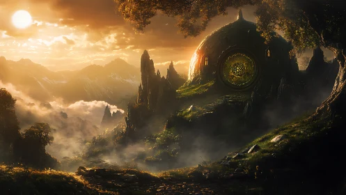 Circular hillside dwelling sits in foggy, backlit mountain valley